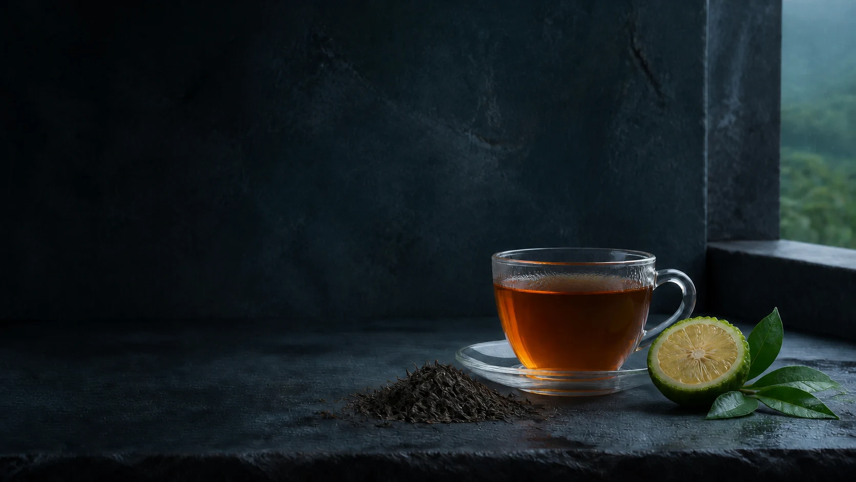 Amber Nilgiri tea beside whole leaves and fresh bergamot in monsoon light