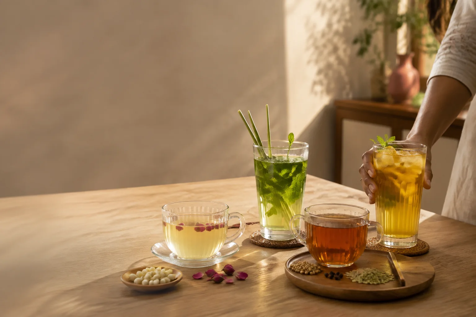 Four botanical infusions made with flowers, mint, lemongrass, citrus and warming spices on a sunlit table