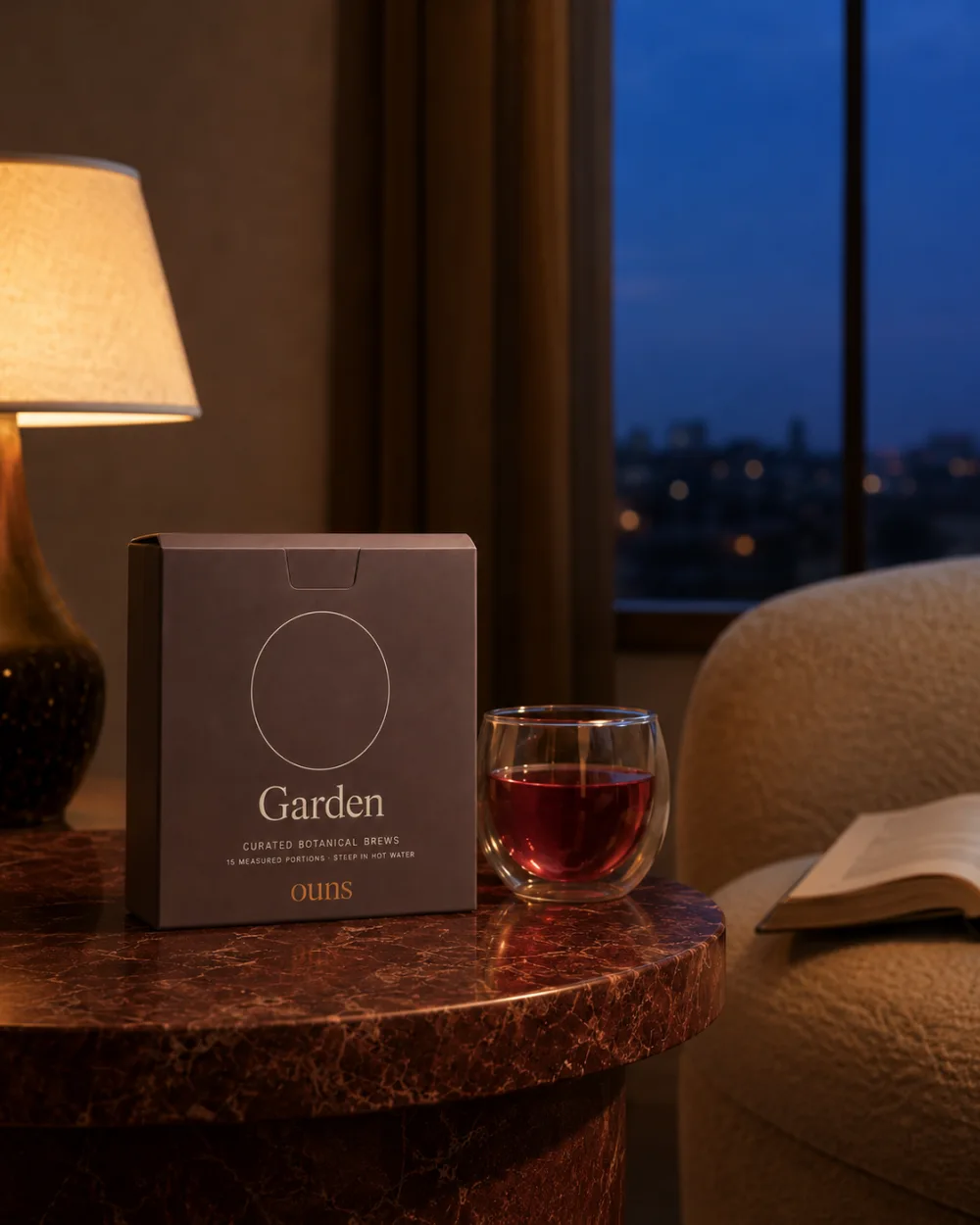 A warm botanical infusion beside an open book