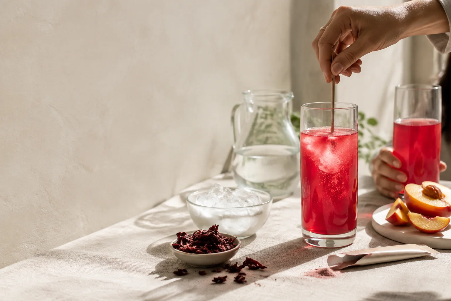 A ruby peach and hibiscus drink being stirred over ice at a bright lunch table