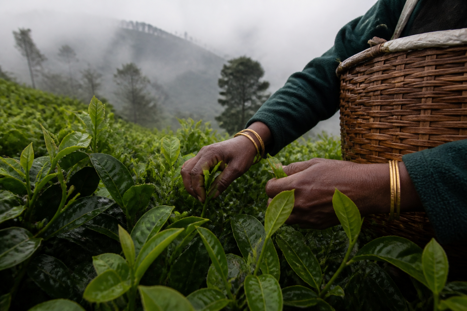 Tea leaves being hand-plucked in a misty South Indian garden