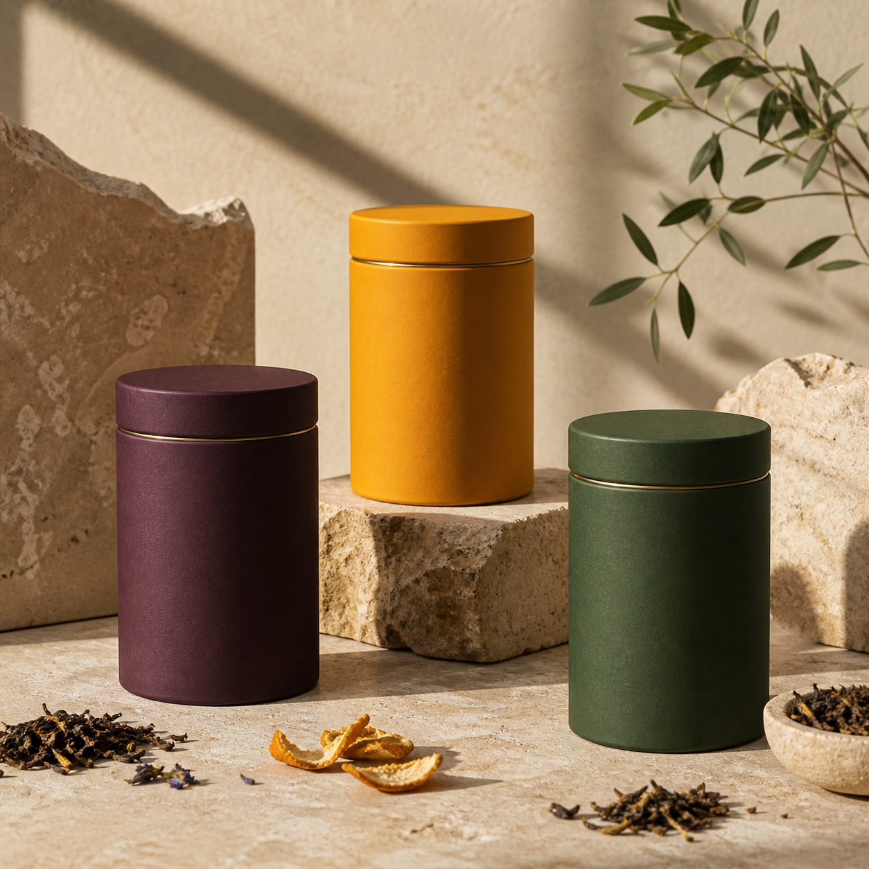 Nila tea tins in plum, saffron and forest green